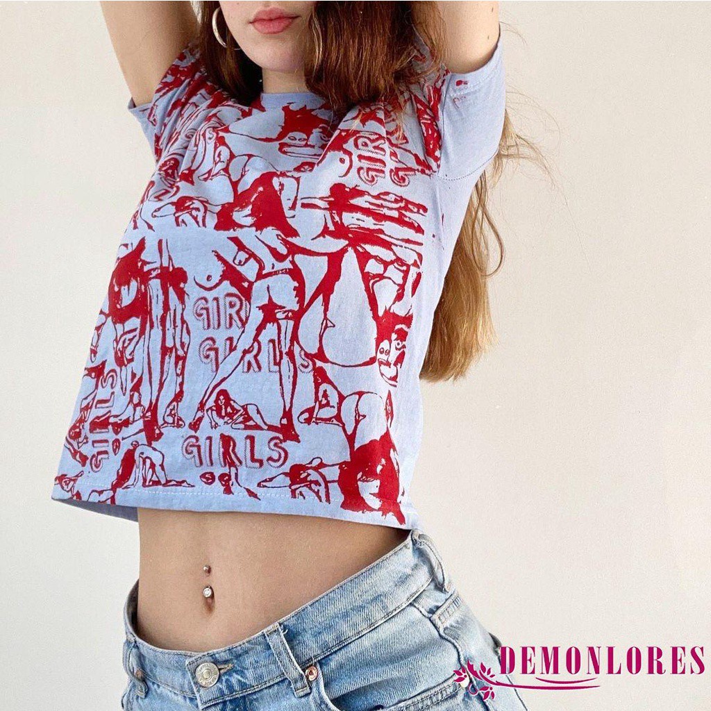 Áo Croptop Tay Ngắn Cổ Tròn In Họa Tiết Thời Trang Cho Nữ