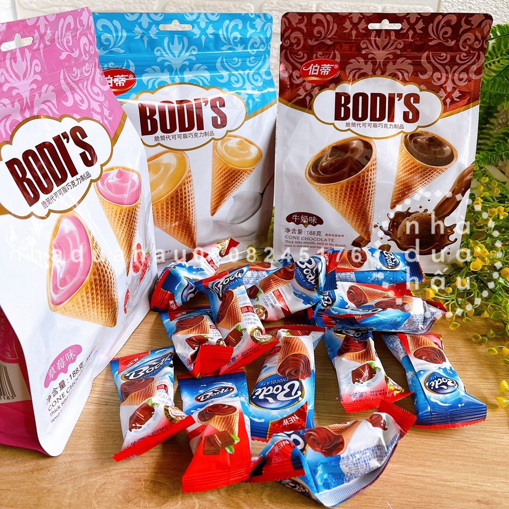 Một gói bánh ốc quế nhân kem sữa vani/ dâu/ socola Bodis Hongkong siêu ngon đầy kem gói lớn 188gam tầm 14 cái