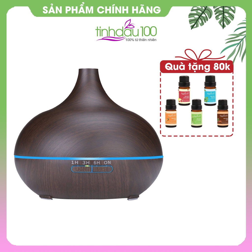 Máy phun sương khuếch tán tinh dầu siêu âm nhựa vân gỗ. Máy xông tinh dầu tạo ẩm, thơm phòng 550ml Tinh Dầu 100 Shop