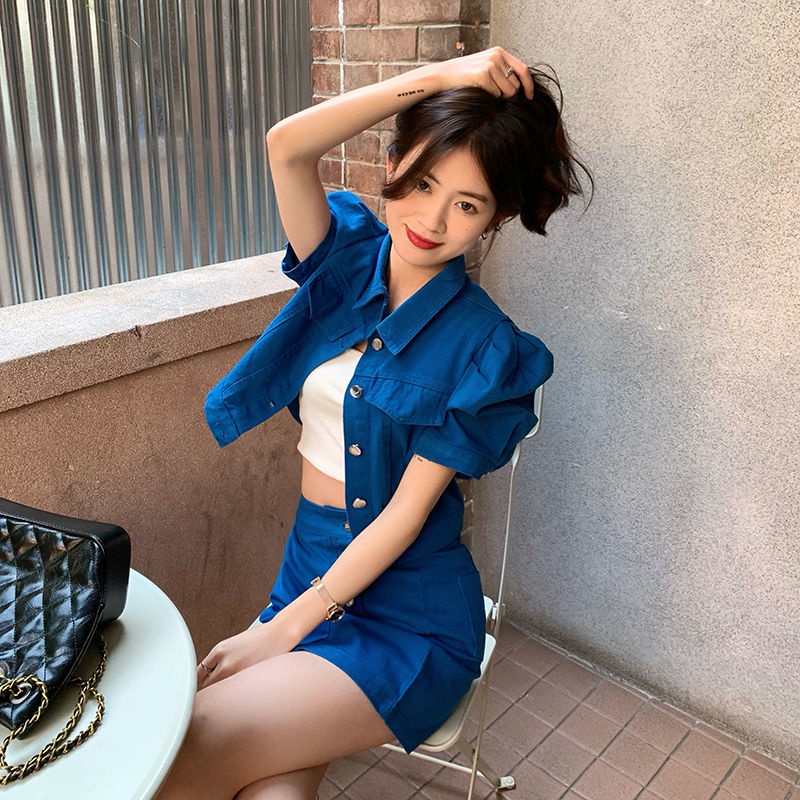 Denim jacket half skirt two sets of girls spring and summer 2022 new retro bubble sleeve short-sleeved jacket set