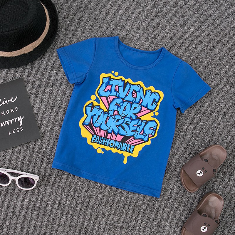 Boys Korean T-shirt Printed Pattern Street Trend Children's Short Sleeve T-shirt Pure Cotton Big Boy Top