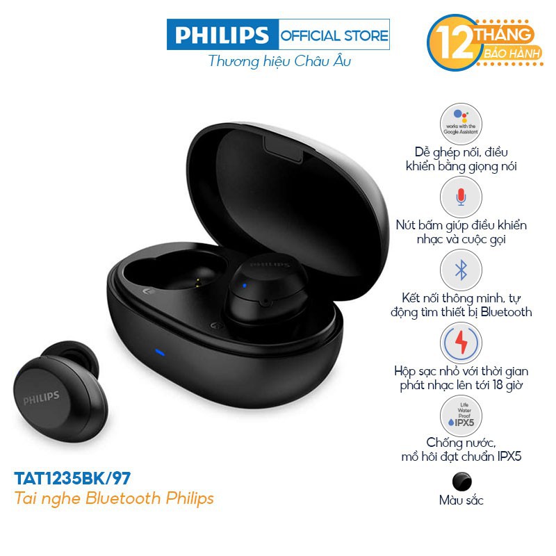 [Mã 267ELSALE hoàn 7% xu đơn 300K] Tai nghe Philips Bluetooth Có Bass TAT1235BK/00 - Màu đen - Hàng Chính Hãng