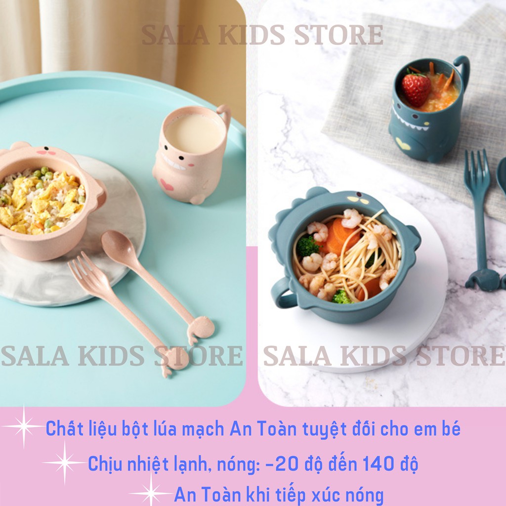 Khay Cơm Cho Bé, Khay Ăn Dặm Lúa Mạch Đựng Thức Ăn Cho Bé Chống Đổ 3 Ngăn Khủng Long SALA KIDS