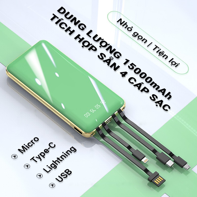 Pin sạc dự phòng dung lượng 15000mAh Cát Thái KJ-A126 hỗ trợ sạc nhanh 2.1A, có sẵn 4 cáp sạc Micro/Type-C/Lightning/USB