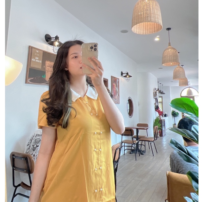 Đầm bầu ngắn tay cổ trắng đính hạt chai thời trang MSP258 vải cát hàn mềm mát Mom and Baby