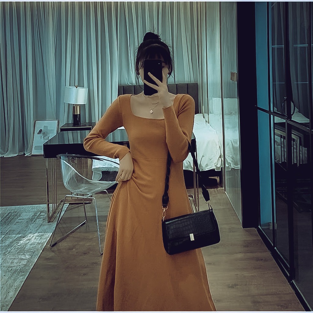 Váy midi len zip cổ U nữ - Đầm dáng xòe tay dài thun trơn bánh bèo tiểu thư ulzzang HOT | BigBuy360 - bigbuy360.vn