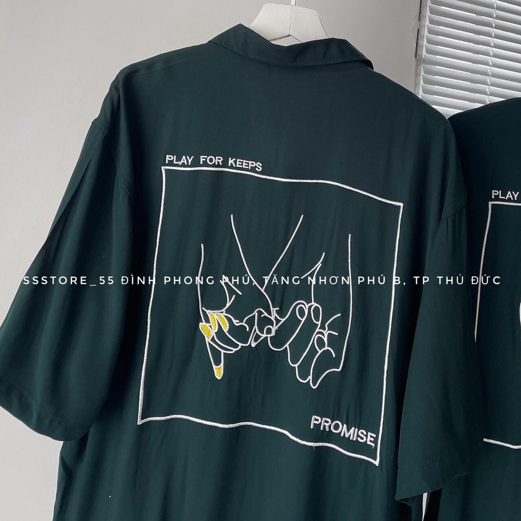 Sơ Mi Xanh Lá Tay Lỡ Thêu Hình Dáng Rộng Bàn Tay Tình Nhân Nam Nữ Unisex