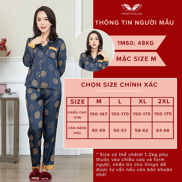 Đồ Bộ Nữ Pijama Mặc Nhà VINGO Lụa Pháp Cao Cấp Tay Dài Quần Dài Họa Tiết Hoa Tuyết Mùa Thu Đông H599 VNGO - TDQD