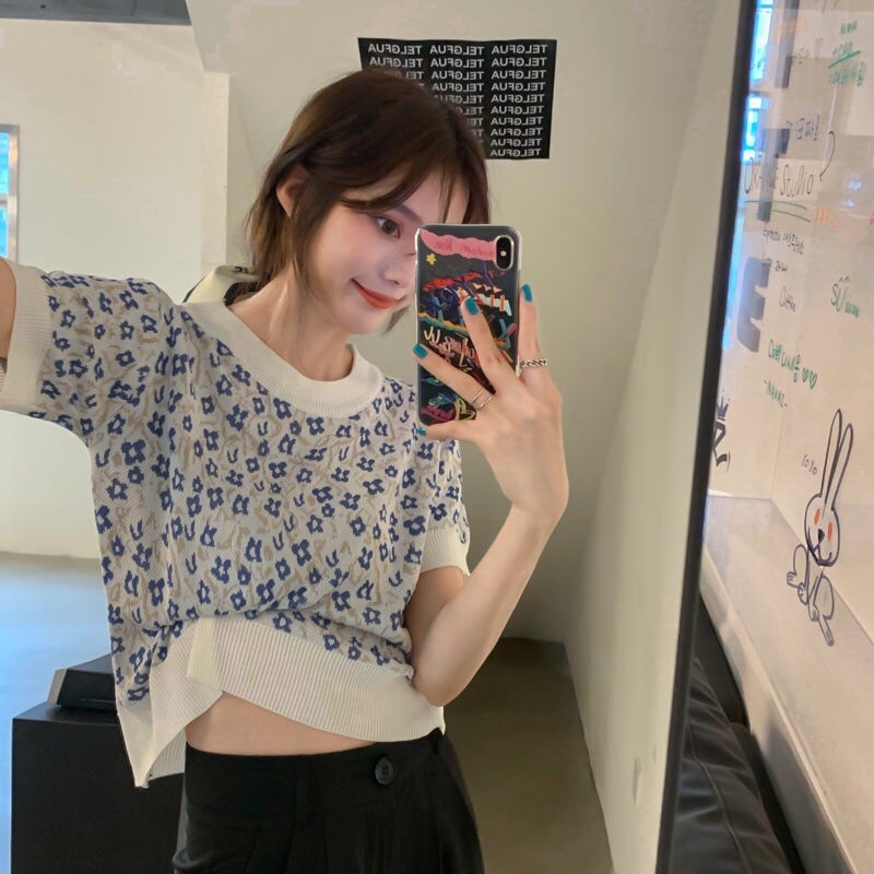 Áo thun ZHELIHANGFEI dệt kim ngắn tay in hoa xinh xắn thời trang