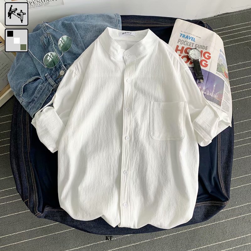 Áo sơ mi KT cotton lanh cổ tròn tay lửng dáng rộng thời trang mùa hè cho nam giới size M-3XL