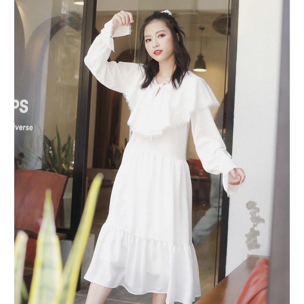 VÁY ĐI CHƠI/ĐI BIỂN - BEIGEN DRESS - VÁY TAY DÀI CÓ NHIỀU BÈO Ở CỔ