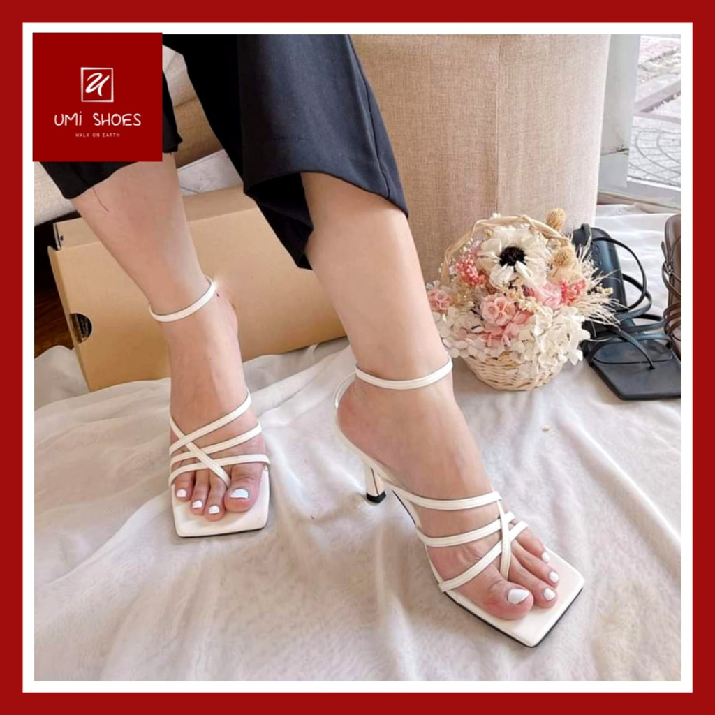 [NOWSHIP] Giày sandal gót nhọn nhiều quai mảnh dây mũi vuông kiểu guốc cao gót 6cm nữ tính nhẹ nhàng công sở đơn giản