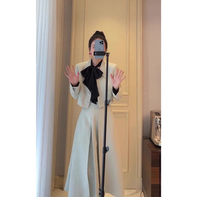 SET 3 MÓN: ÁO SƠ MI ĐEN THẮT NƠ + ÁO CROPTOP TAY DÀI + CHÂN VÁY MIDI