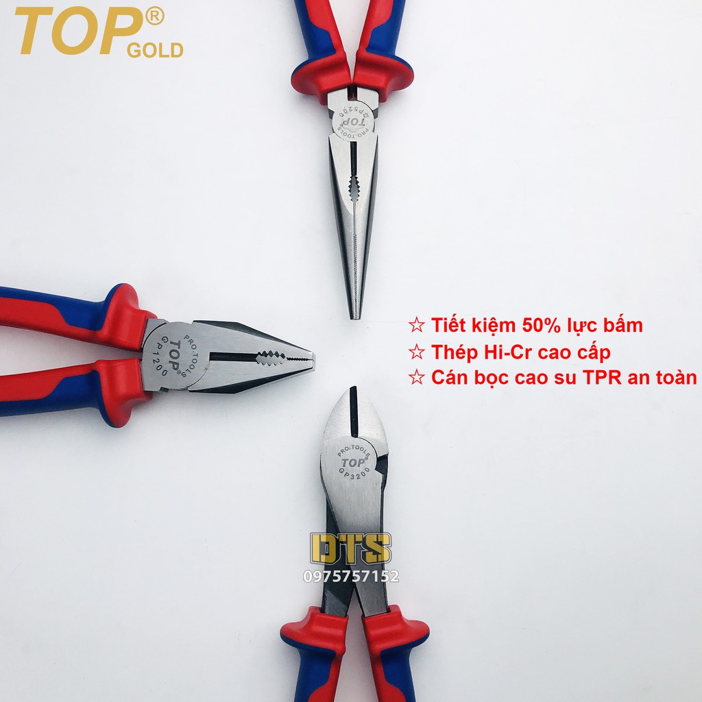 Bộ 3 kìm điện - cắt - nhọn trợ lực chuyên nghiệp TOP GOLD 200mm, thép Hi-Cr cao cấp, thiết kế cộng lực tiết kiệm 50% lực