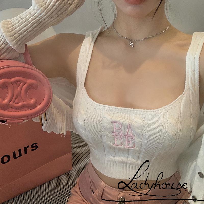 Ldd-áo Ba Lỗ Đan Móc Mỏng Vừa Vặn Cổ Chữ U Thêu Chữ Màu Xanh Lá / Trắng / Đỏ / Đen Cho Nữ