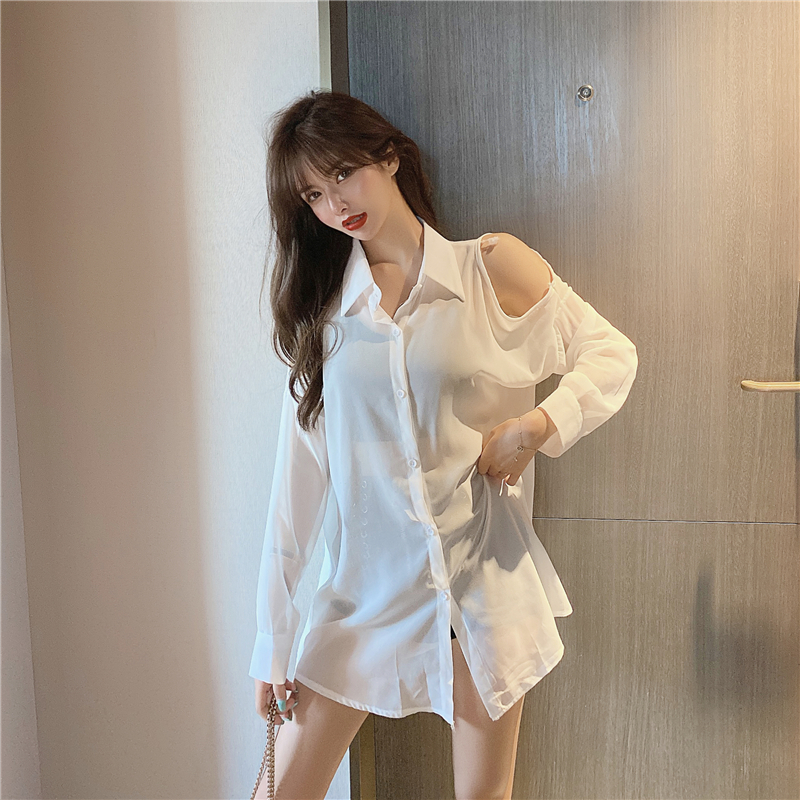 IELGY  Áo Sơ Mi chiffon Dài Tay Trễ Vai Xuyên Thấu Thời Trang Dành Cho Nữ