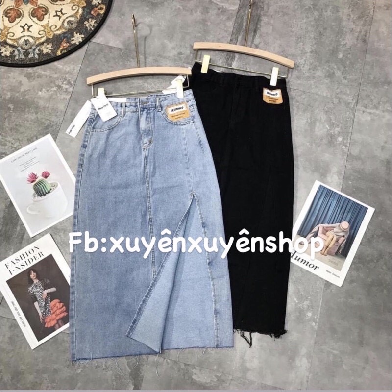 Chân Váy Denim Lưng Cao Xẻ Tà Quyến Rũ Cho Nữ