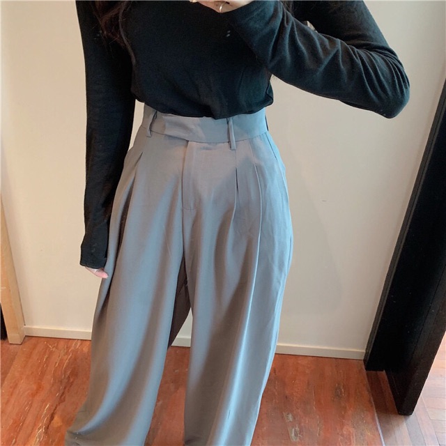 (sẵn xám m,l) Quần âu suông dài ống form rộng cạp cao xám/đen | BigBuy360 - bigbuy360.vn