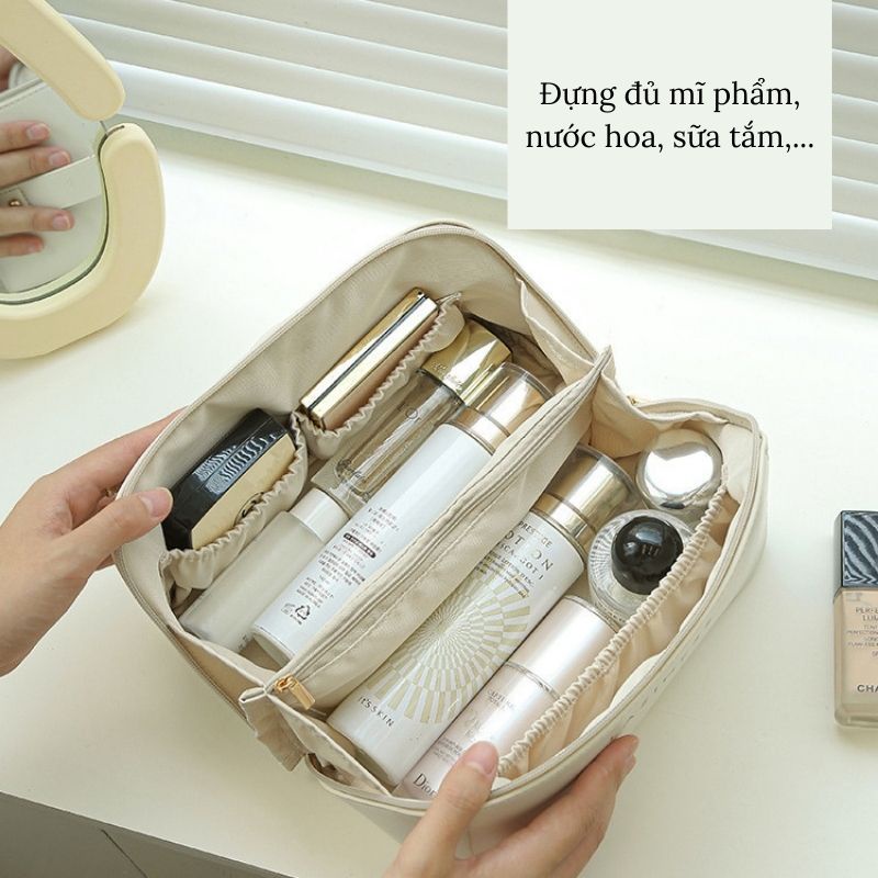 Túi đựng mỹ phẩm chia ngăn tiện lợi da trơn nhiều màu cầm tay nhỏ gọn tiện ích jumito