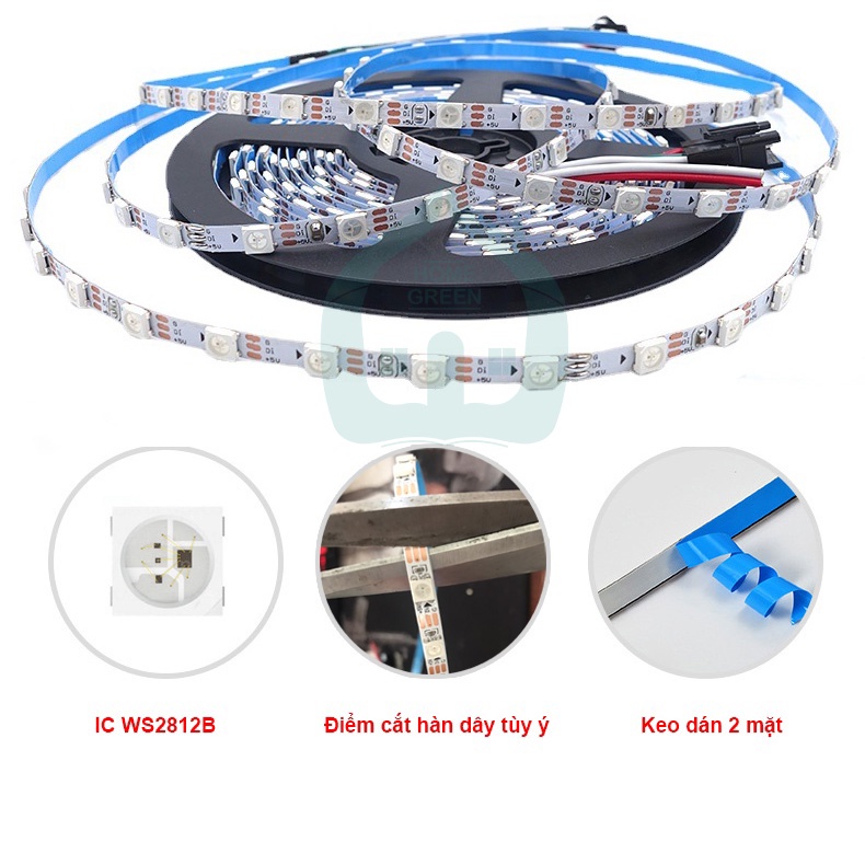 Đèn led dây dán WS2812B ARGB bản rộng 5,5mm mỏng 2mm điện áp 5v 60 led/m