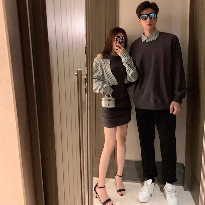 Đồ đôi len váy nữ và áo nam kết hợp kiểu dáng sơ mi độc đáo