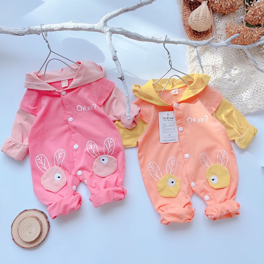 Quần Áo Trẻ Em Sơ Sinh Babi mama Bộ Đồ Bé Gái Body Liền Thân Cotton Dài Tay Kèm Mũ Size 4-15kg SS08