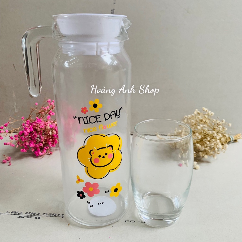 Combo Bình Ly Thủy Tinh Cao Cấp - Bình Đựng Nước 1L Có Tay Cầm + Ly Thủy Tinh Bầu 350ml (Mẫu Ngẫu Nhiên)