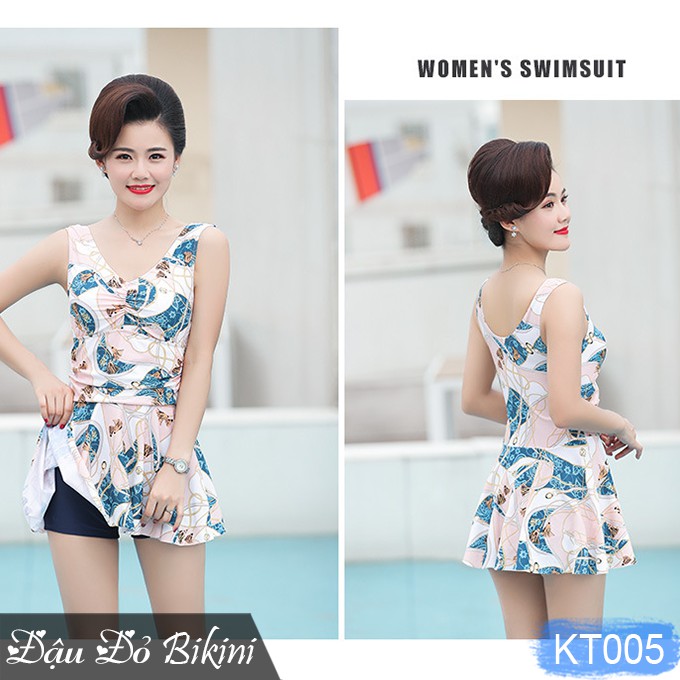 Bộ bơi trung niên dáng váy cộc tay, quần sooc đùi rời, màu sắc trang nhã phù hợp cho các mẹ &amp; các bà, chất đẹp | KT005