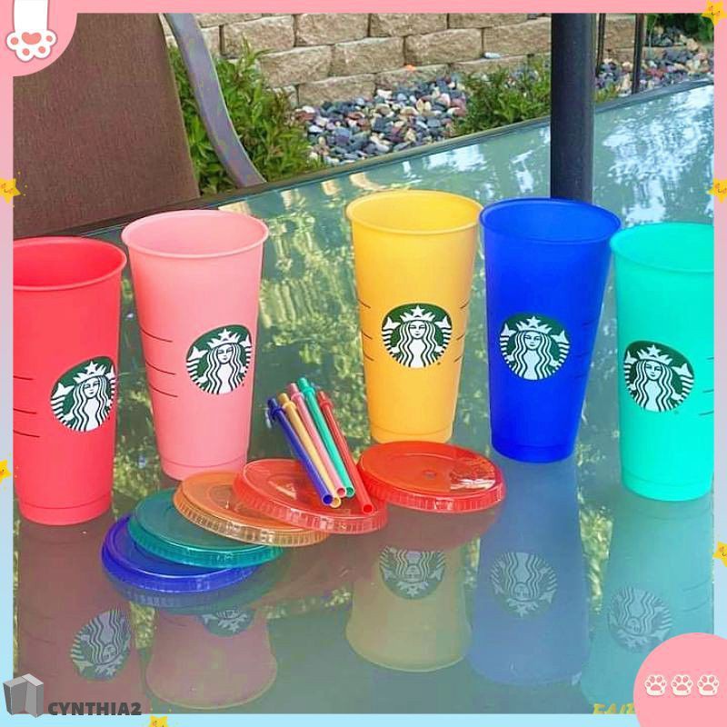 Ly Uống Nước Starbucks Bằng Nhựa Có Nắp Đậy Thay Đổi Màu Sắc Có Thể Tái Sử Dụng