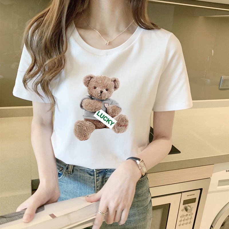 Áo Thun Tay Ngắn Cổ Tròn In Hình Gấu Hoạt Hình Cho Nữ Sinh 11.28