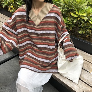 (ORDER) Áo len cổ chữ V kẻ sọc ngang fom rộng