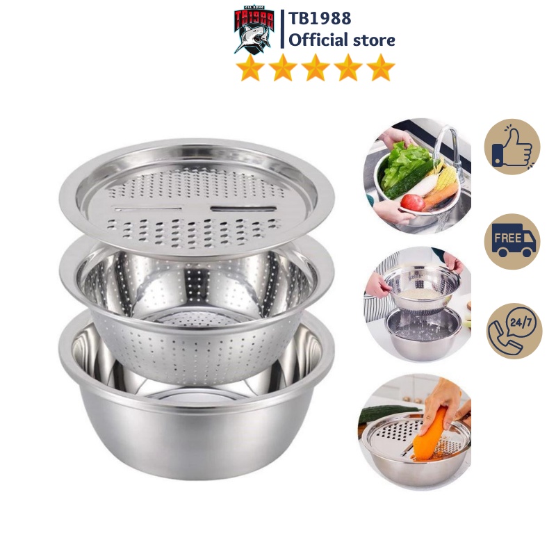 RỔ BÀO RAU CỦ INOX - BỘ THAU RỔ BÀO RAU CỦ INOX KHÔNG RỈ 3 MÓN (THAU+RỔ+MẶT BÀO)