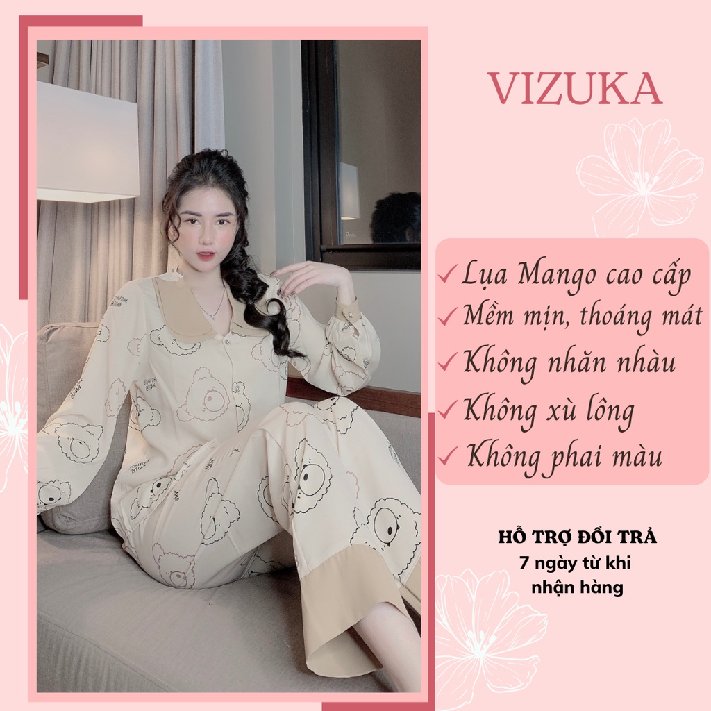 Đồ bộ nữ pijama lụa dài tay cổ sen mặc nhà họa tiết sang chảnh VIZUKA
