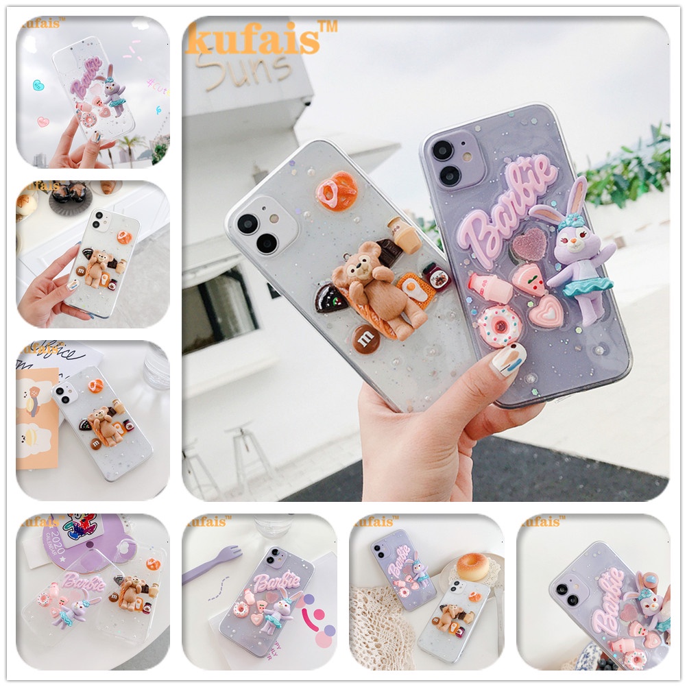 Ốp điện thoại epoxy trong suốt họa tiết thỏ/gấu 3D cho iPhone 12 Pro MAX 7 8 Plus X XR XS 11 Pro MAX