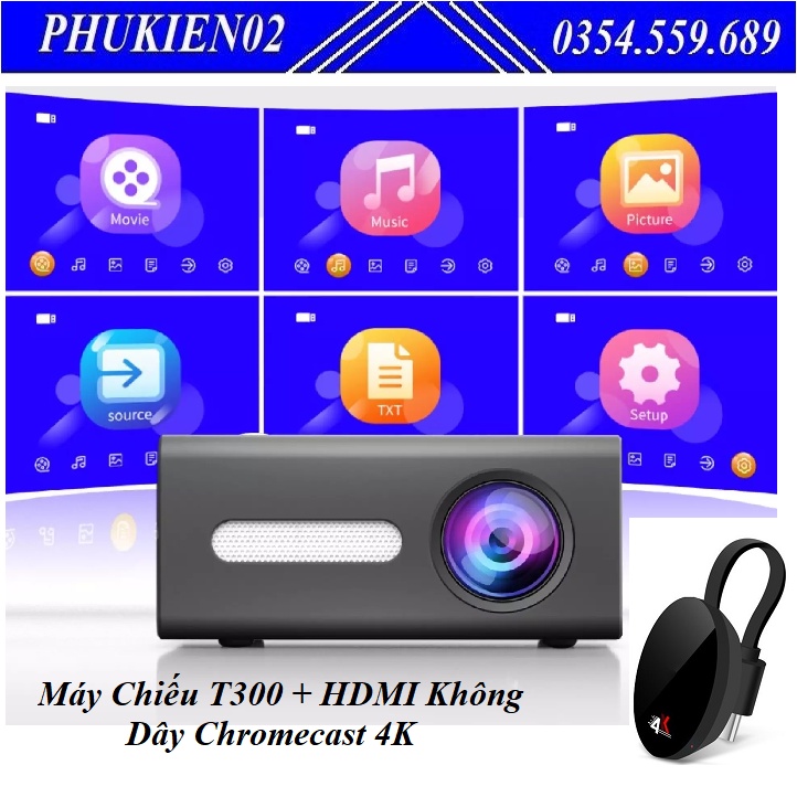 Bộ sản phẩm Máy Chiếu T300 Đa Phương Tiện Gia Đình Và Thiết Bị Kết nối HDMI Không Dây Chrome cast 4K - Hàng chính hãng
