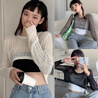 Áo thun tay dài dáng rộng thiết kế xuyên thấu mỏng chống nắng cho nữ