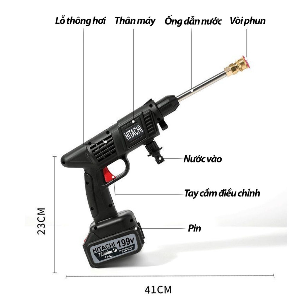 [Tặng bình xịt tạo bọt] Máy rửa xe Hitachi dùng pin - Áp lực cao, k cần cắm điện - Pin 199v - Bảo hành 12 tháng