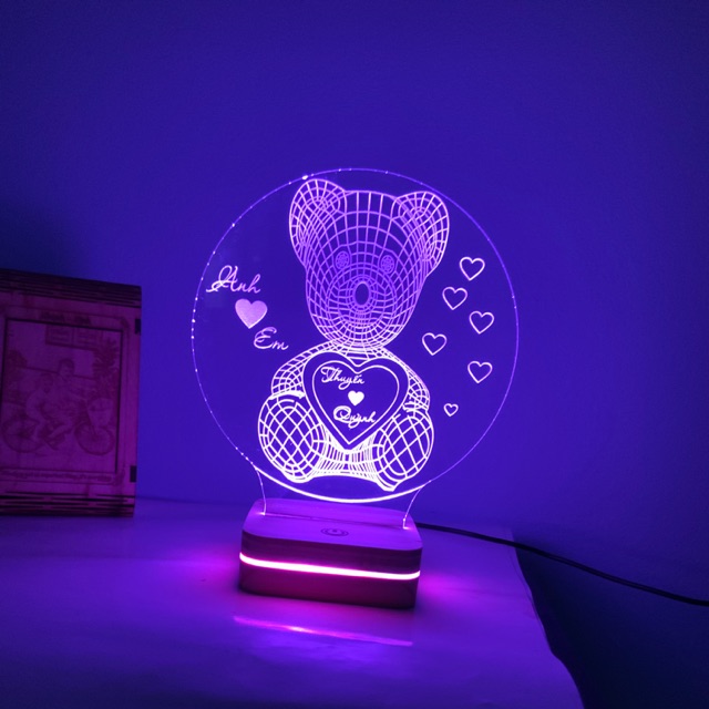 Đèn ngủ trong suốt led 7 màu rgb có khiển đi kèm hình gấu cute, đế gỗ có cảm ứng sang trọng