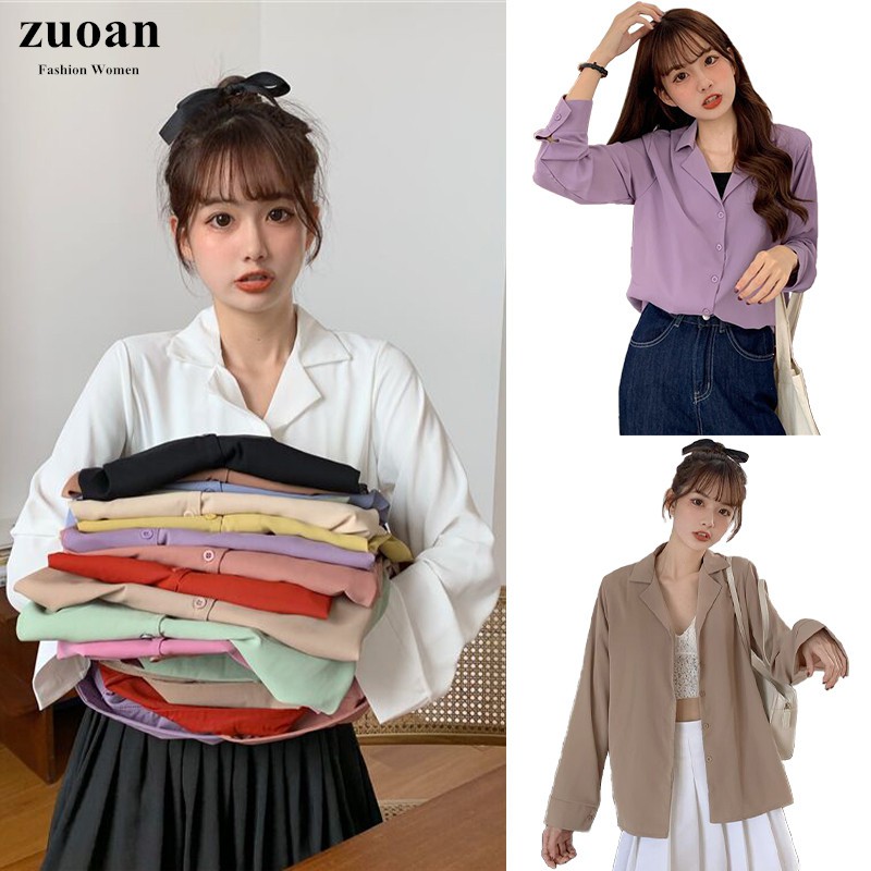 SUXI Áo Sơ Mi Tay Dài Màu Trơn Cổ Bẻ Thời Trang Mùa Thu Cho Nữ