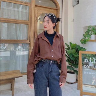 Áo sơmi form rộng Oversize trắng nâu xám phối thun cổ lọ đen (ảnh thật)