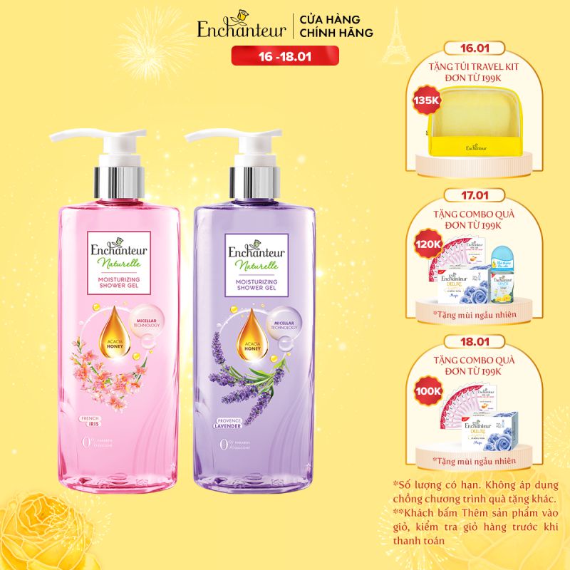 Combo Sữa tắm dưỡng da Enchanteur Naturelle hương hoa Lavender và Iris 510gr/Chai