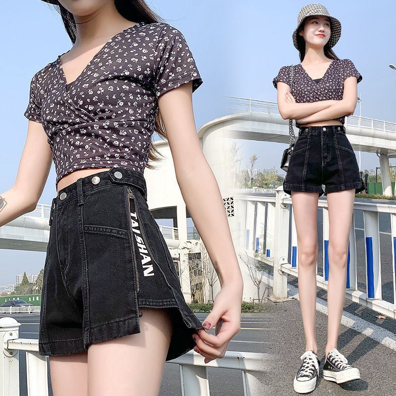 Quần Short Denim Ống Rộng Lưng Cao Thời Trang Mùa Hè 2021 Cho Nữ