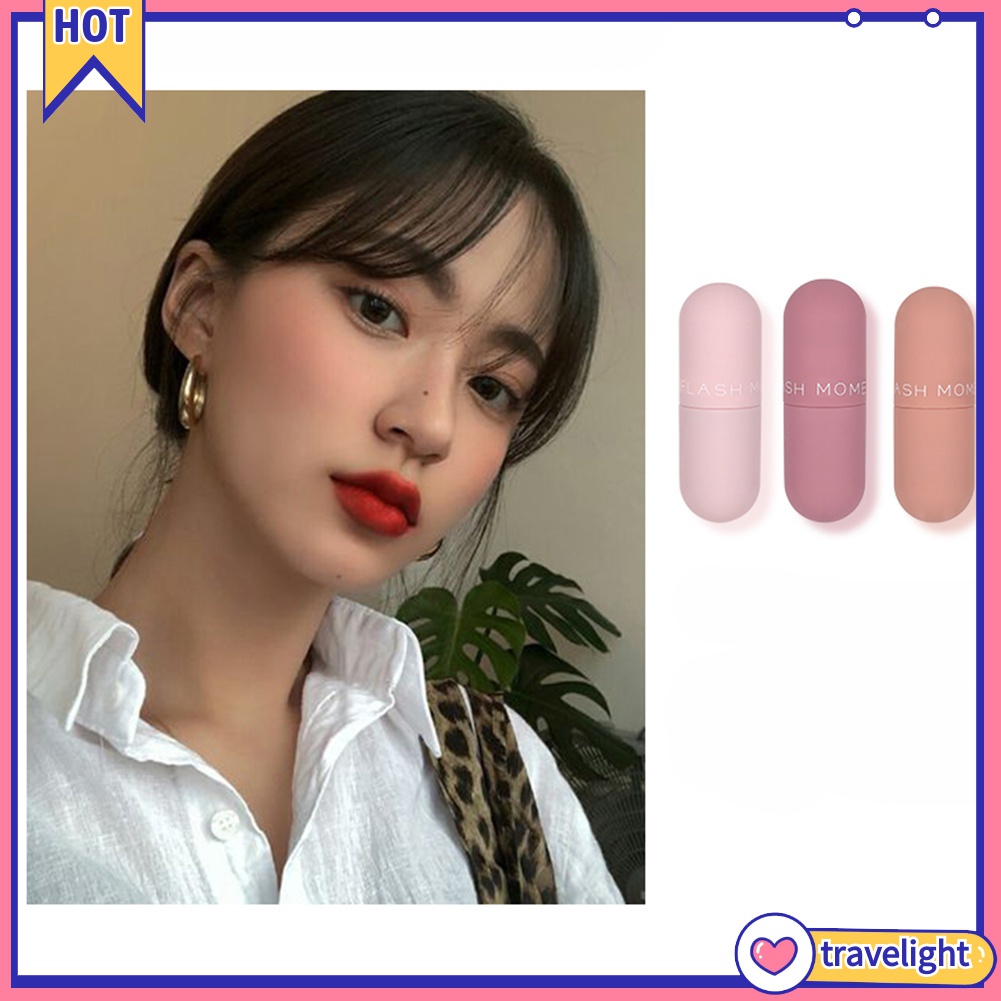 Set 3 son nhung lì dạng lỏng thiết kế vỏ hình viên thuốc mini dễ thương