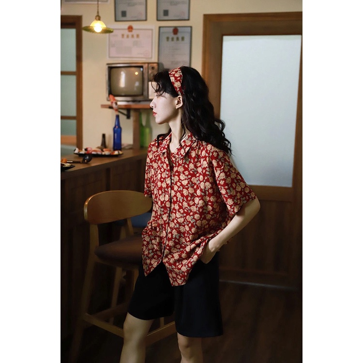 Floral women's retro Hong Kong style  summer New rose antique Hong Kong style printed short-sleeved shirt top