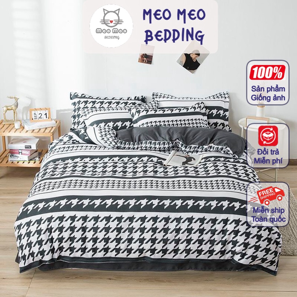 Bộ 4 Món Chăn Ga Gối Phi Lụa Hoàng Gia Meo Meo Bedding Nhập Khẩu -  Cotton Poly Kẻ Sọc - Không Có Ruột