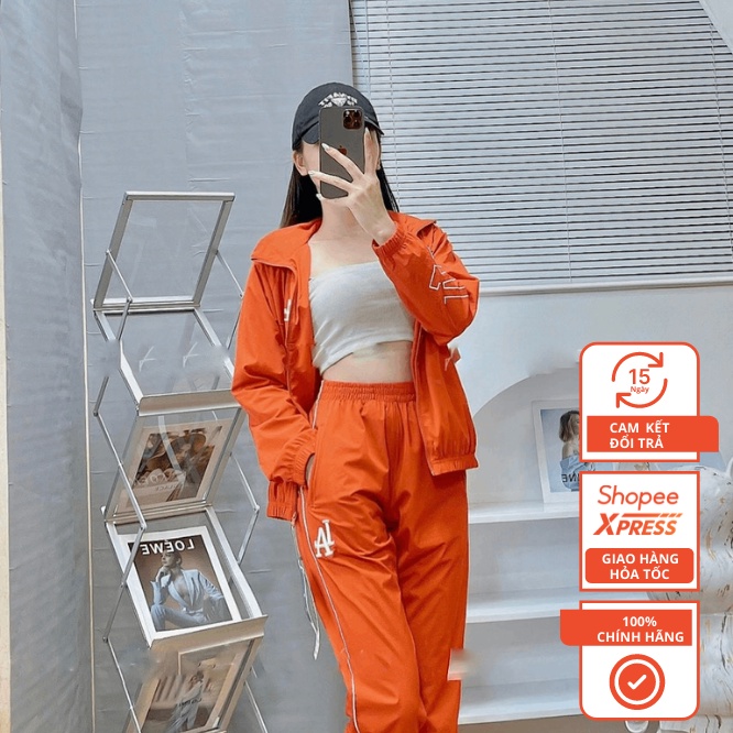 Set Đồ Áo Gió Màu Cam Cho Nữ 2 Lớp Vnxk