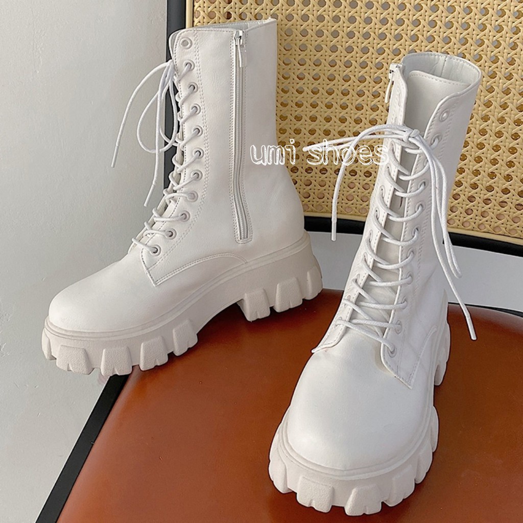 Boot ulzzang cao cổ 20cm buộc dây kéo khóa đế cao 5.5cm màu đen/trắng cá tính đẹp mới xinh thời trang