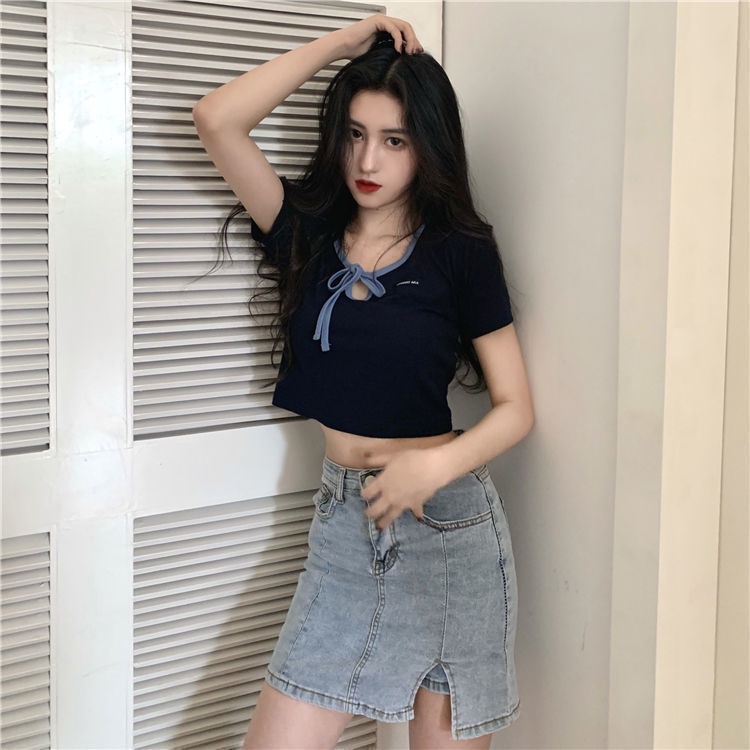 Áo Thun Croptop Cổ Chữ v Thắt Nơ Dáng Ôm Thời Trang Mùa Hè Dành Cho Nữ