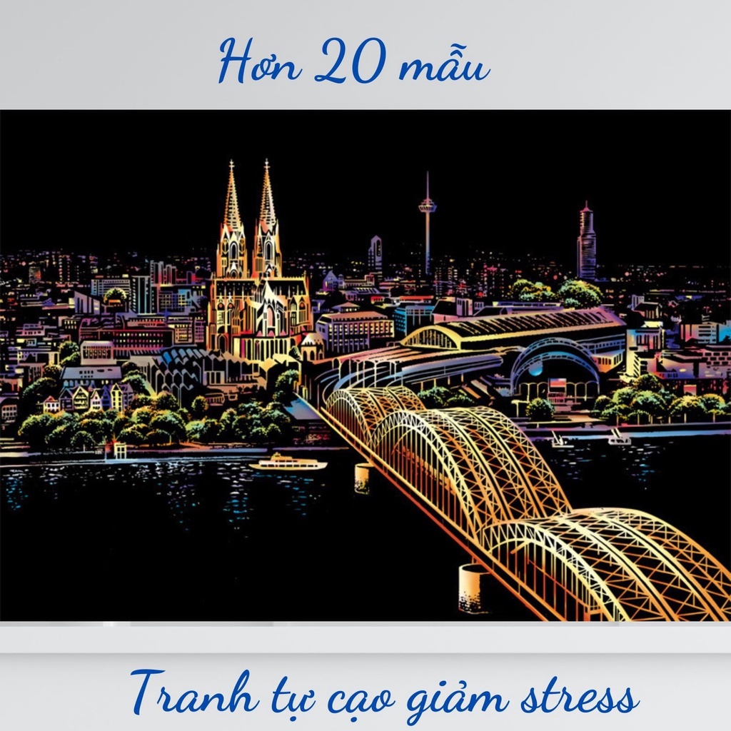 Bộ tranh cạo Hàn Quốc cao cấp khổ A3 chủ đề Thành phố về đêm, giúp giảm stress