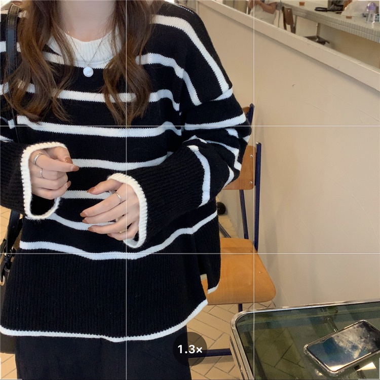 Áo sweater ZHELIHANGFEI tay dài dáng rộng thiết kế xẻ tà bên hông họa tiết kẻ sọc ngang thời trang trẻ trung